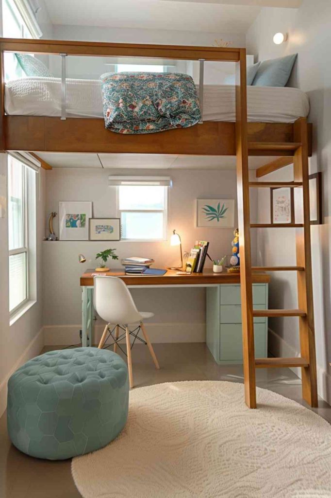 In this loft bedroom, elegant, small pieces of furniture harmonize with the bright, white walls. Soft color accents such as light blue and mint green provide additional calm and serenity throughout the room.