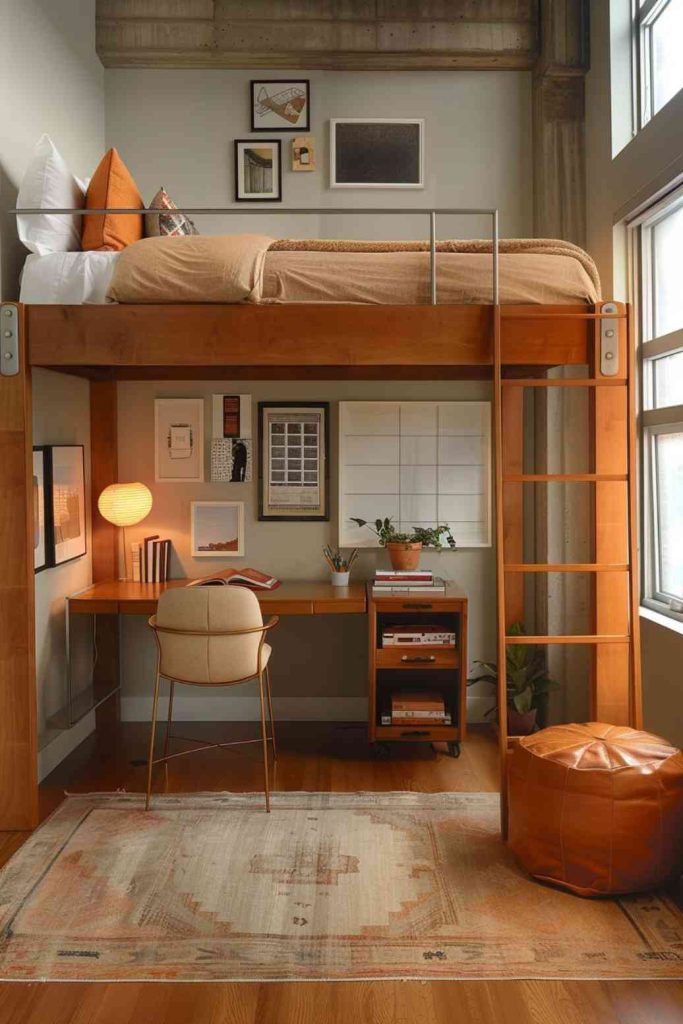 High ceilings in this New York loft bedroom create a great atmosphere for your space. In this room, a palette of warm earth colors complements the wooden furniture and neutral accents, inviting you to relax and unwind.