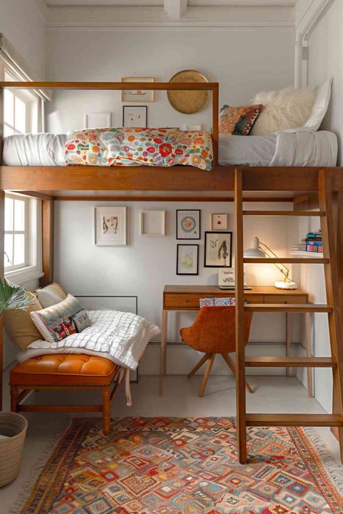 The loft bedroom is bursting with unique personality and style. Its white color is the best canvas for unusual and whimsical decorations and the multi-colored bedding on the low bed. It also enhances the sunlight that comes through the spacious windows.