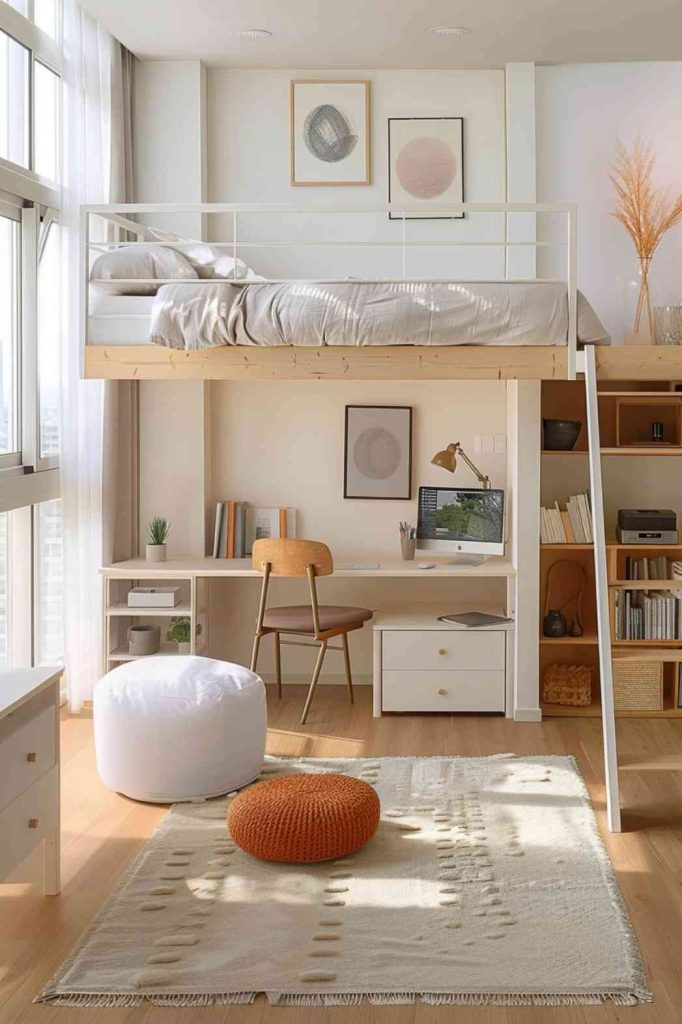 A loft bedroom impresses with the calm atmosphere of minimalist design. It features simple and functional furniture complemented by a neutral selection of textiles and natural light.