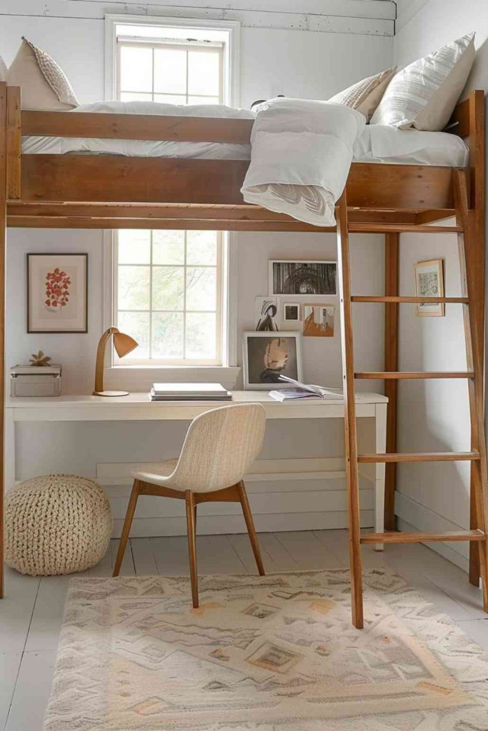 If you prefer a minimalist design, a loft room fits this aesthetic well. In this loft, crisp white walls and clean lines in the furniture arrangement combine simplicity with style in this minimalist loft bedroom.