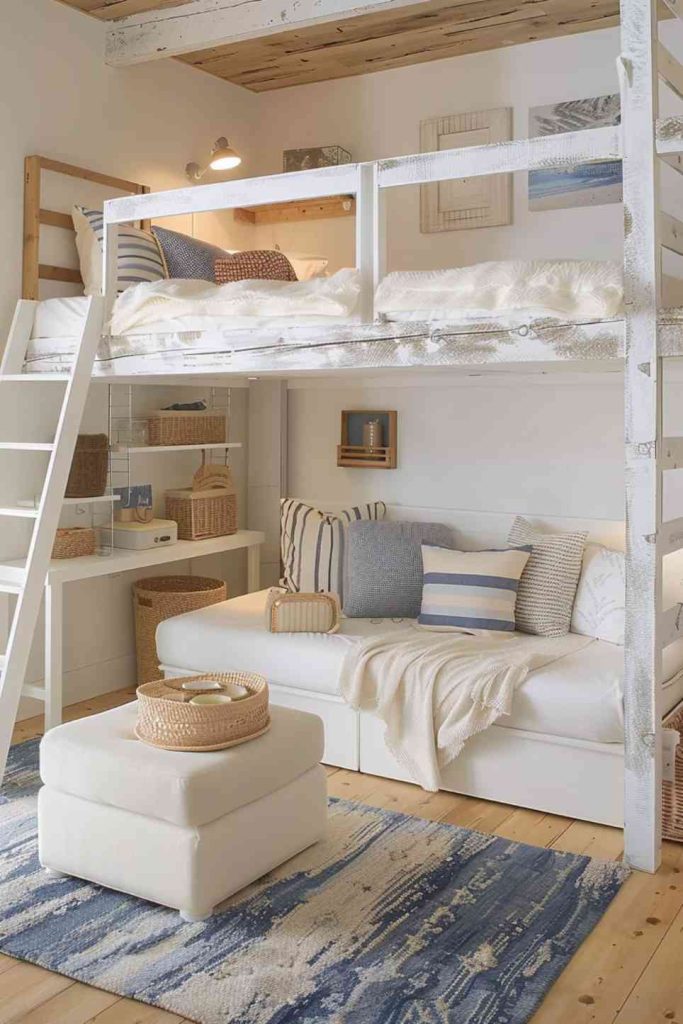 Blue and white bedrooms mimic the sea with their color palette, and this loft room, with its weathered furniture and striped upholstery pillows, perfectly draws on the coastal inspiration to create a fun, nautical space.