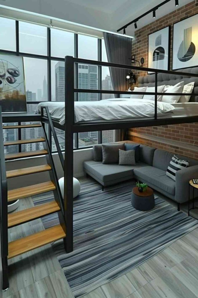 Large windows invite the breathtaking city skyline into this dramatic loft bedroom. The view alone is an incredible decoration for the room, but additional abstract art prints on the wall above the small <a href=