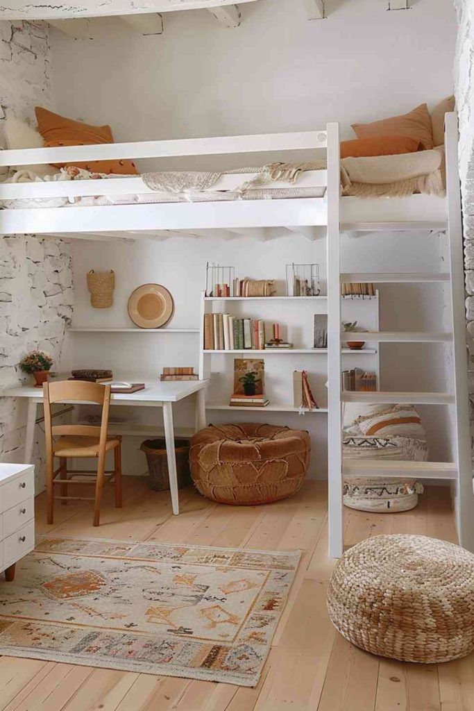 Who doesn't love sweet cottagecore? If your loft bedroom has beamed ceilings, you're already halfway there. Add quaint bedroom furniture and pretty rustic trinkets to give the loft farmhouse style charm.