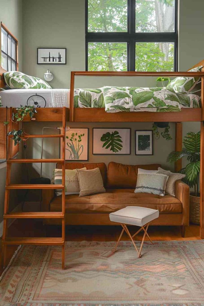 Greenery brings this sun-filled loft bedroom to life with large windows and plenty of natural light. The plants and plant art stand out against the white color, allowing the lush greenery and vines to take center stage.