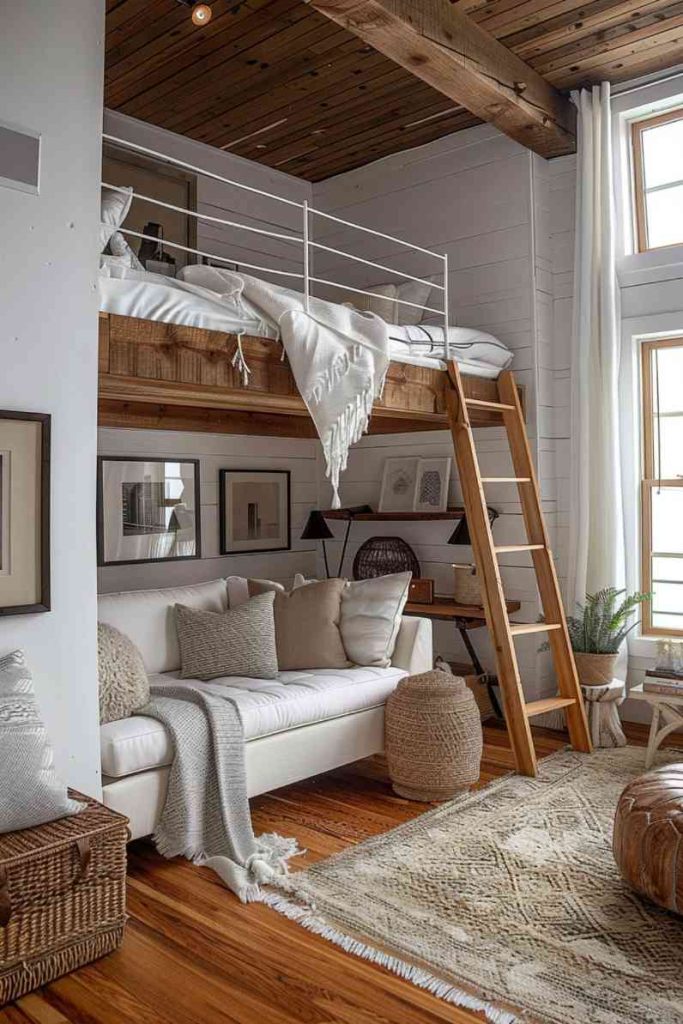 Celebrate relaxed style and organic decorations to create a sanctuary in your city loft. Natural wooden elements and a cozy loft bed add a rustic touch to an otherwise urban apartment.