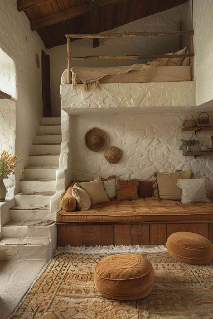 If you love natural-looking decorations and a down-to-earth, organic look, keep your loft bedroom relaxed and neutral. Natural elements and a warm palette of earthy colors characterize the bedroom decor, making it a cozy loft escape with a relaxed, earthy vibe.