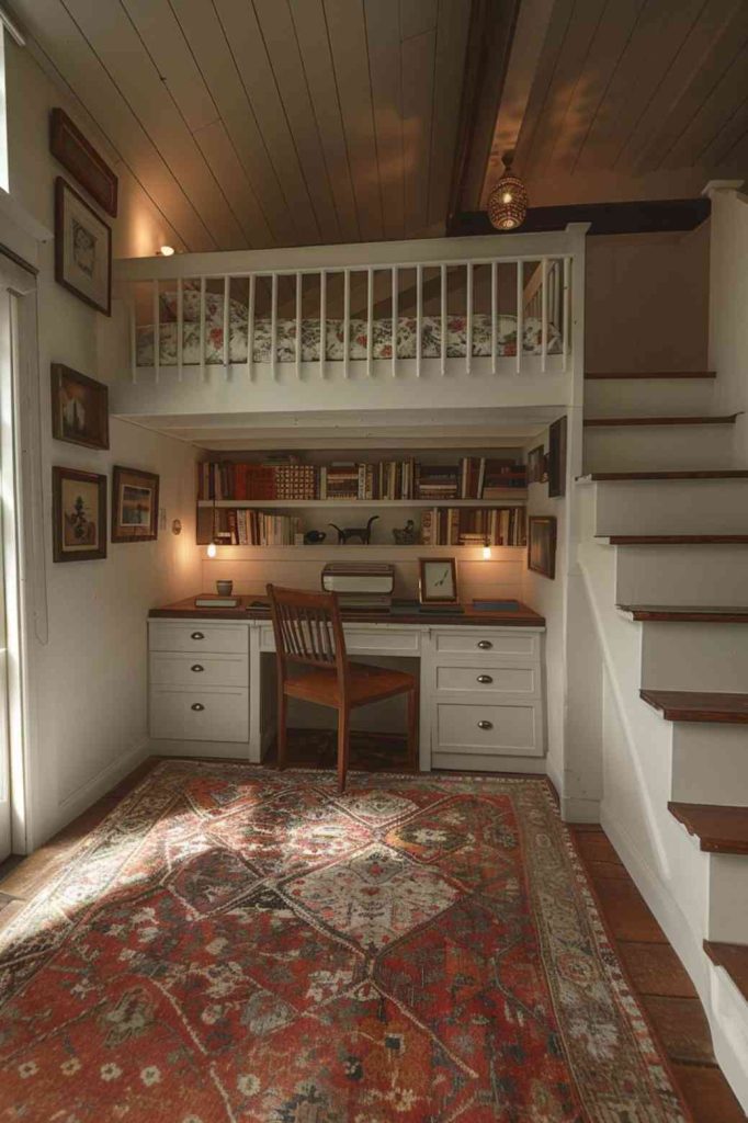 In this charming loft bedroom, antique finds add history and personality, giving the room a sense of nostalgia and charm. The presence of these vintage pieces gives the room a unique character.