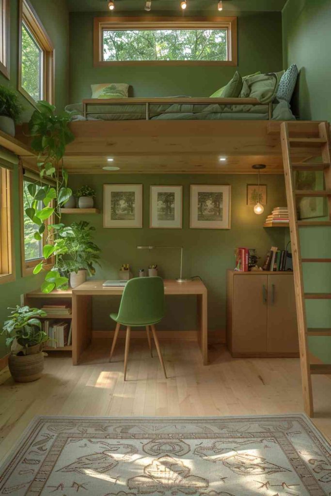 In this loft bedroom, the houseplants create a green oasis that gives the room a feeling of natural calm and revitalization. The lush greenery creates a refreshing and relaxing space.