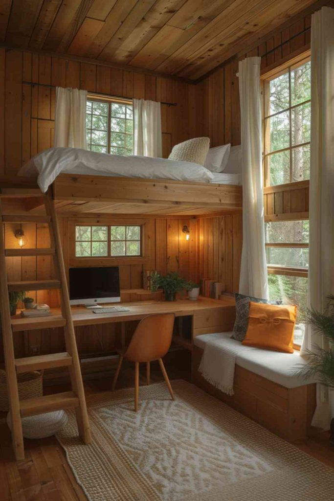 In this loft bedroom, wooden structures take center stage, enveloping the room in a warm and inviting atmosphere that enhances the feeling of homely comfort. 