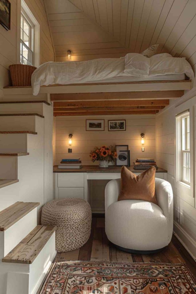 Embodying a cozy and inviting vibe, this loft bedroom exudes a <a href=