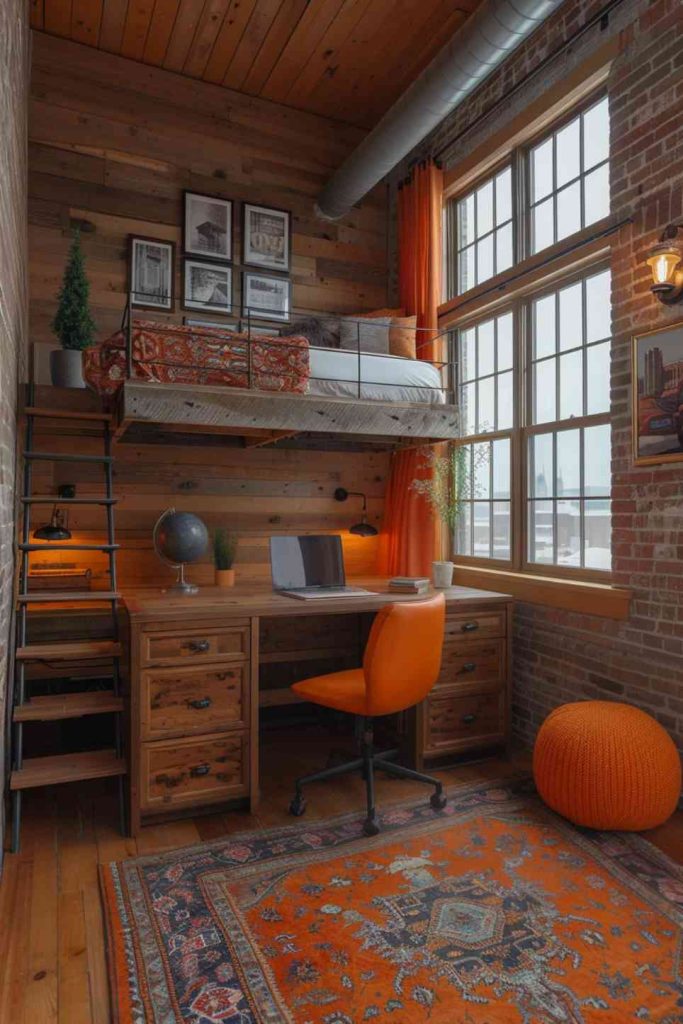 This loft's sleeping areas transform into a captivating space with an eclectic mix of bedroom furniture that exudes a bold and edgy appeal that reflects adventurous style choices. 