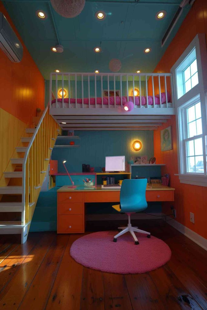 In this charming loft bedroom, cheerful colors and playful patterns on blankets and quilts come together to give the space a vibrant and youthful energy that is both invigorating and delightful. The vibrant combination of colors and designs creates a feeling of joy and whimsy.