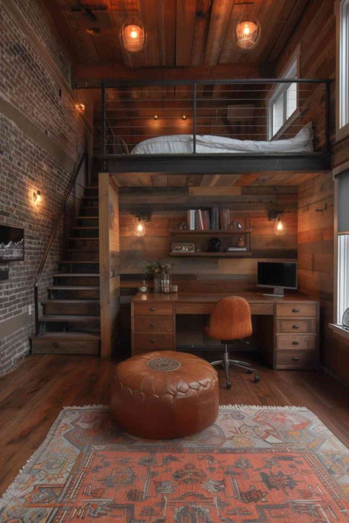 Metal accents and striking lighting fixtures enhance the industrial yet chic feel of this loft bedroom, harmonizing with wood tones.