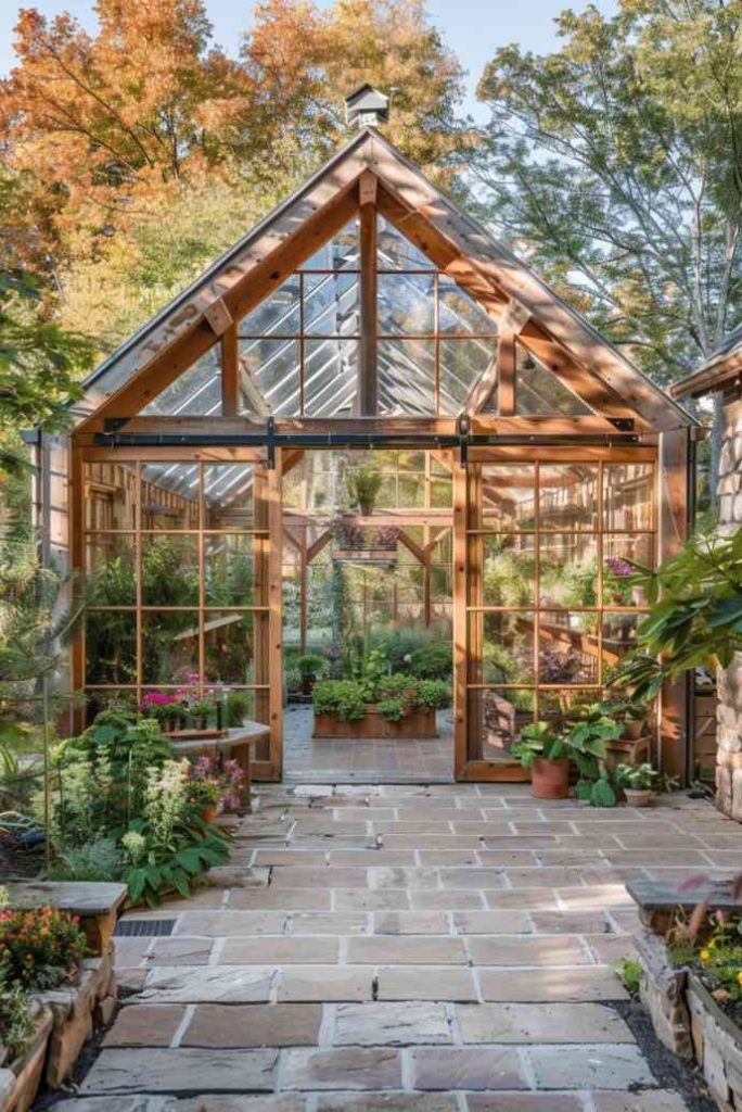 This rustic barn-style greenhouse stands sturdy with its classic wooden frame and generous, transparent panels, providing a warm, nurturing sanctuary for seedlings to germinate and mature plants to thrive surrounded by country charm.