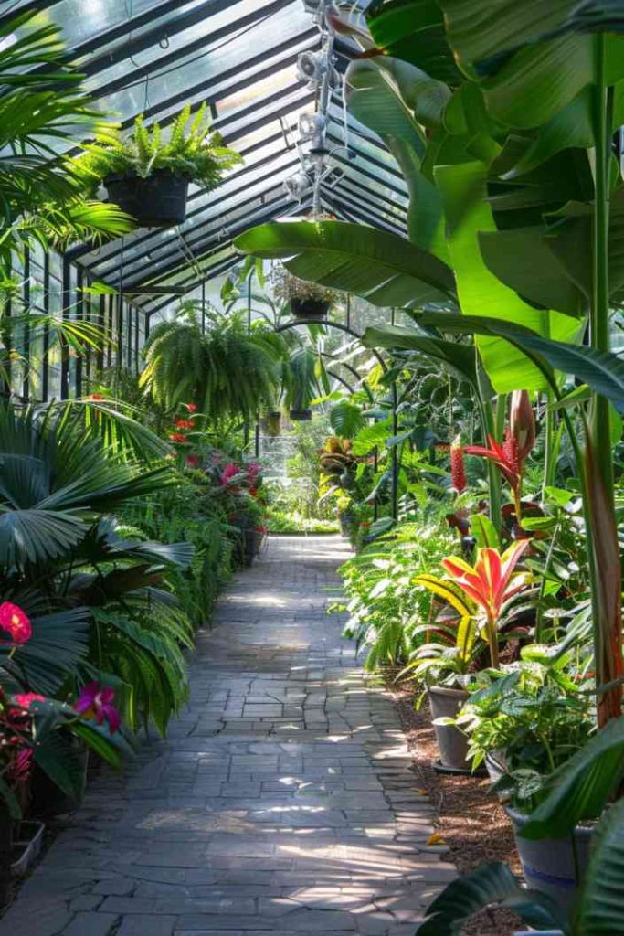 The vibrant and lush tropical theme of this greenhouse makes it your own slice of paradise, where exotic plants bask under a blanket of filtered sunlight.