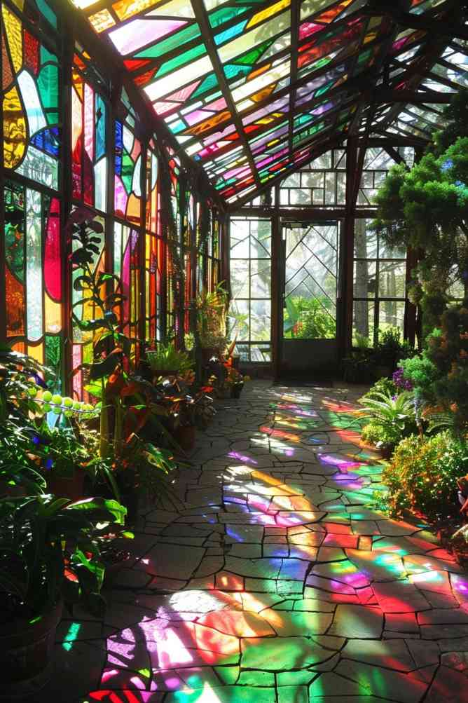 In this stained glass greenhouse, sunlight filters through colorful shards of glass in irregular sizes, casting a vibrant glow on a collection of flowering greenery and creating a cheerful sanctuary for plants and people alike.