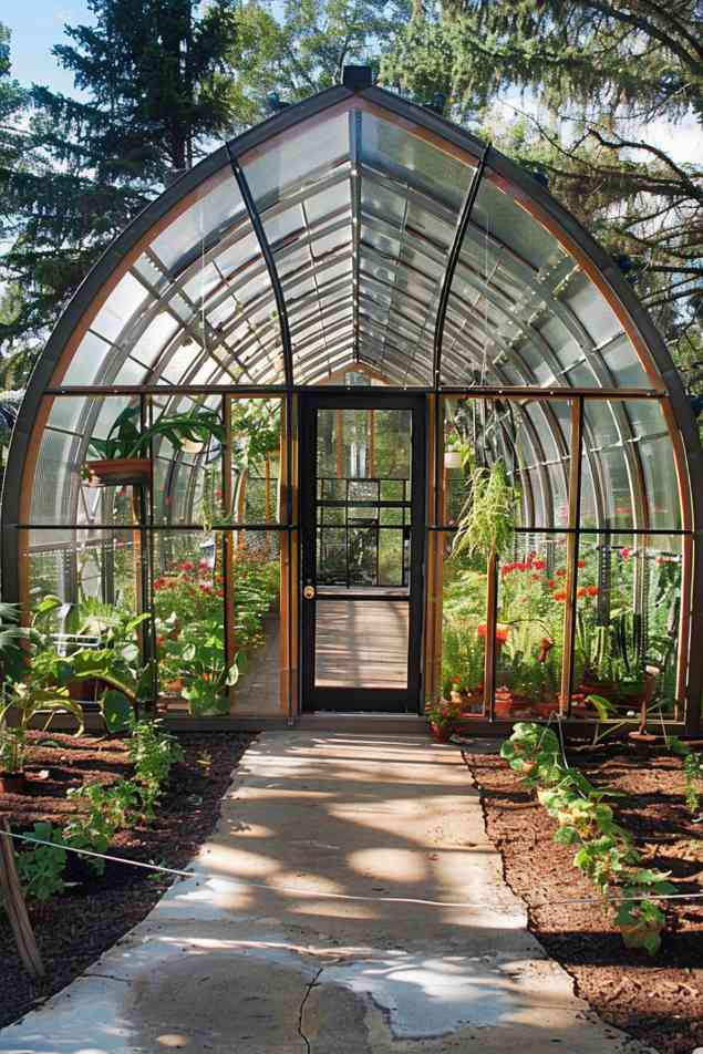 This Gothic arched greenhouse is an architectural marvel, with pointed arches reaching into the sky. Not only is it a real eye-catcher, but it also lets snow and rain roll off effortlessly.