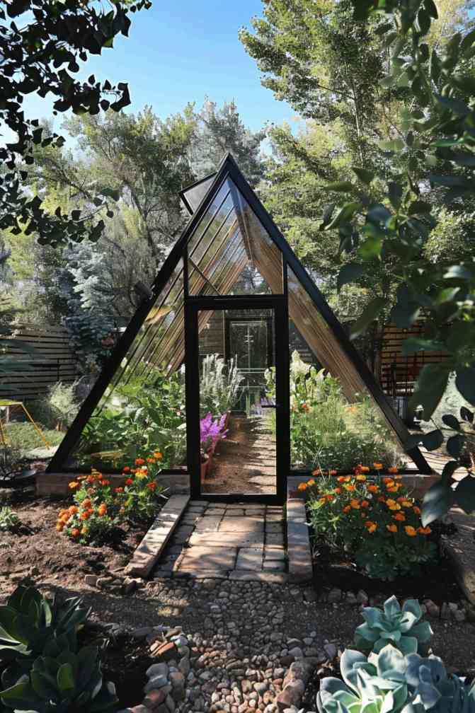 The sharp angles of this A-frame greenhouse create a unique and striking silhouette in any garden. Plus, it's strong, heats up quickly, and is easy to DIY.