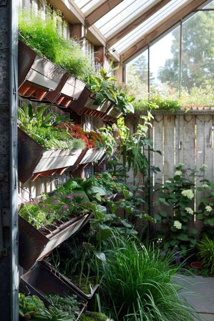 Do you only have a small garden? Opt for a vertical garden in your greenhouse, like the one shown here. This approach uses shelves with carefully arranged plants to ensure each one receives adequate light and air circulation.