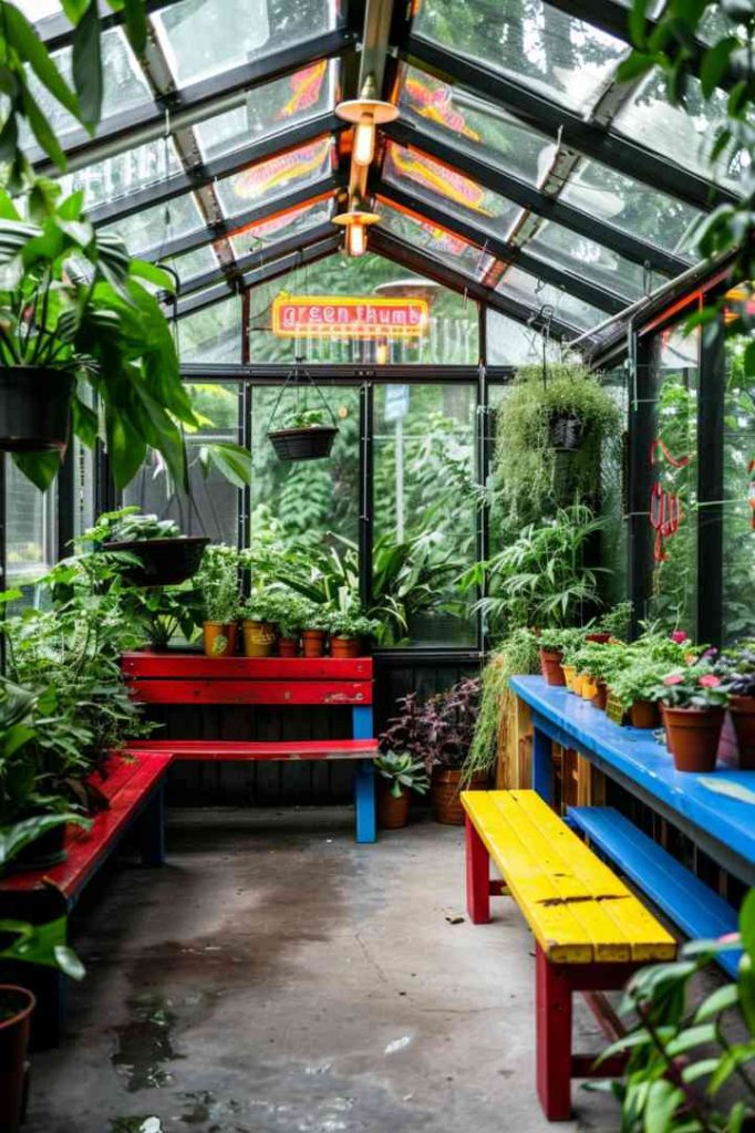 This cute and colorful greenhouse idea is full of imagination! Fun accents like a neon sign and colorful benches surround the greenery and give the space additional character. 