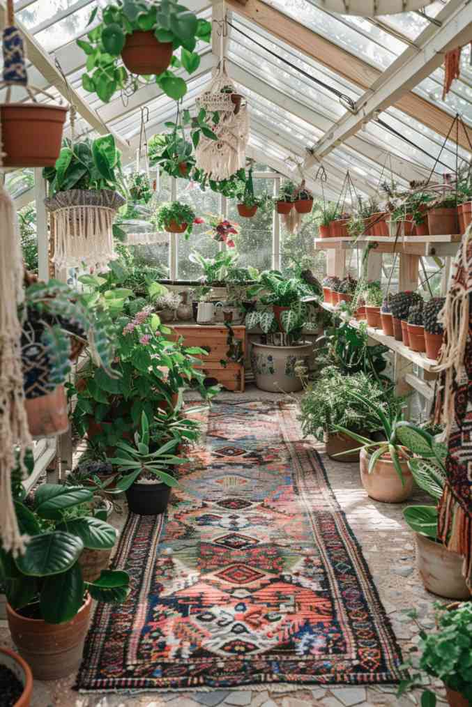 A free-spirited gardener's dream, this boho greenhouse features gently swaying macrame plant hangers and eclectic patterned rugs along the paths, proving that plants and creativity can thrive side by side.