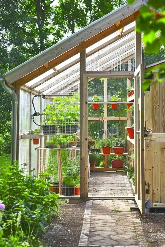 Do you have too many tools in your garden or garage? Try a combination of a garden shed and a greenhouse. The area provides a warm and bright environment in which plants can thrive, while the adjacent shed keeps all the necessary tools close at hand.