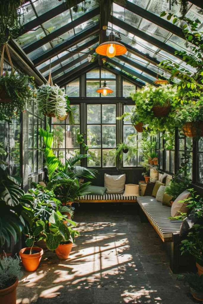 Enjoy nature and leisure in a greenhouse with lounge seating! A greenhouse like this invites you to relax amidst the tranquil surroundings of potted plants and hanging foliage, with comfortable seating for reading and meditation. 