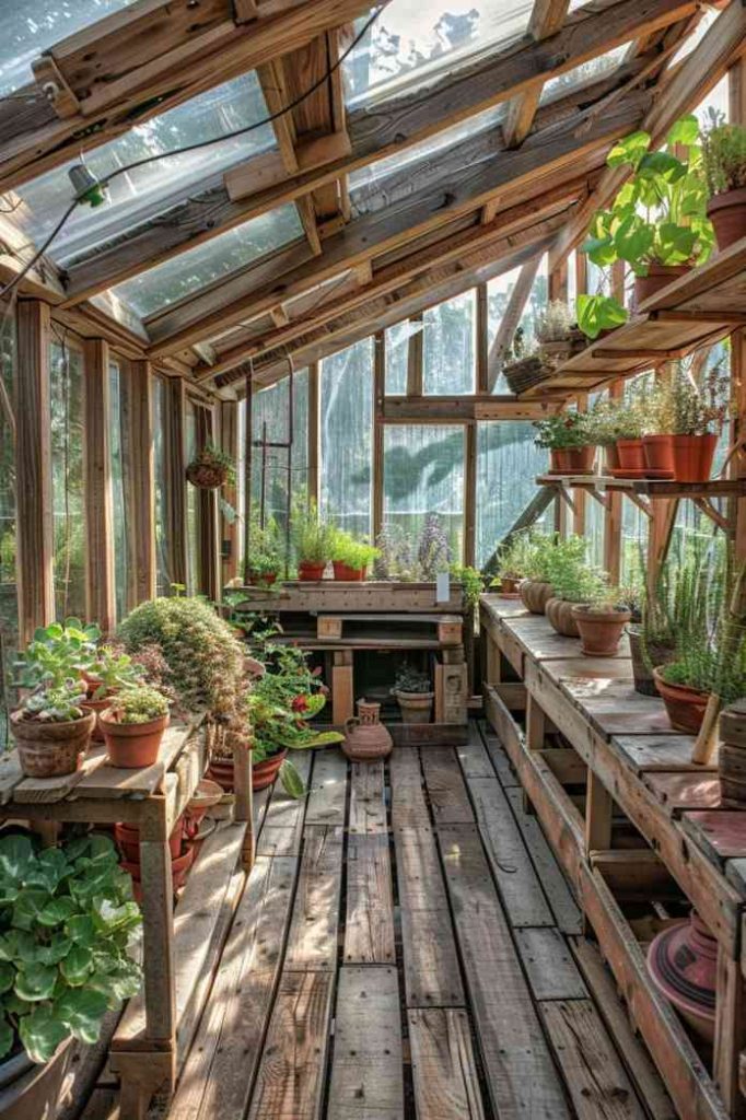 Reclaimed wood pallets make up this charming greenhouse, whose rustic look is reminiscent of simpler times. This is proof that you don't have to compromise on aesthetics when choosing eco-friendly solutions. 