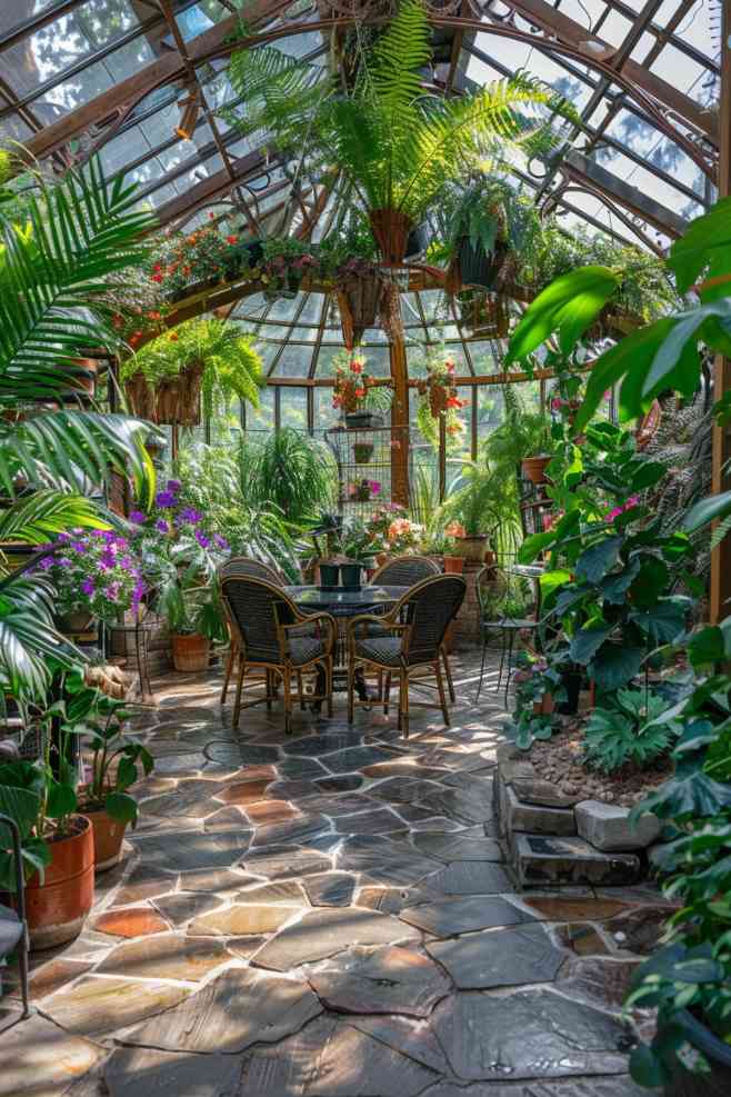 Enjoy a delicious meal surrounded by plants and flowers in a greenhouse dining area, where meals are accompanied by an ensemble of colorful flora.