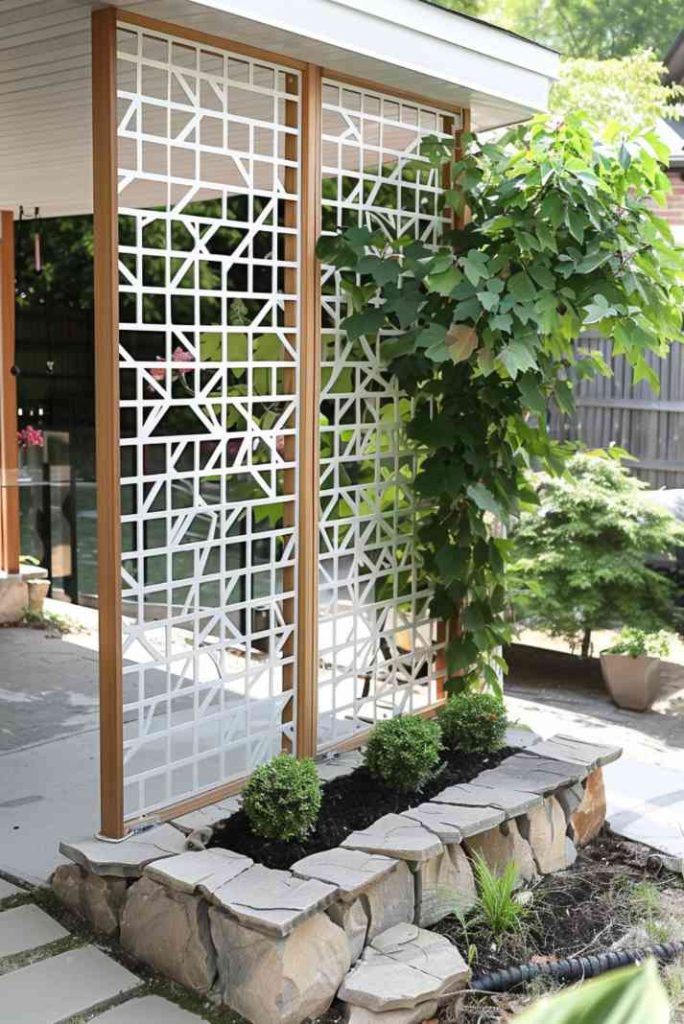 Designed for modern gardens, a geometric wooden trellis features a minimalist design with sharp angles and straight lines. 