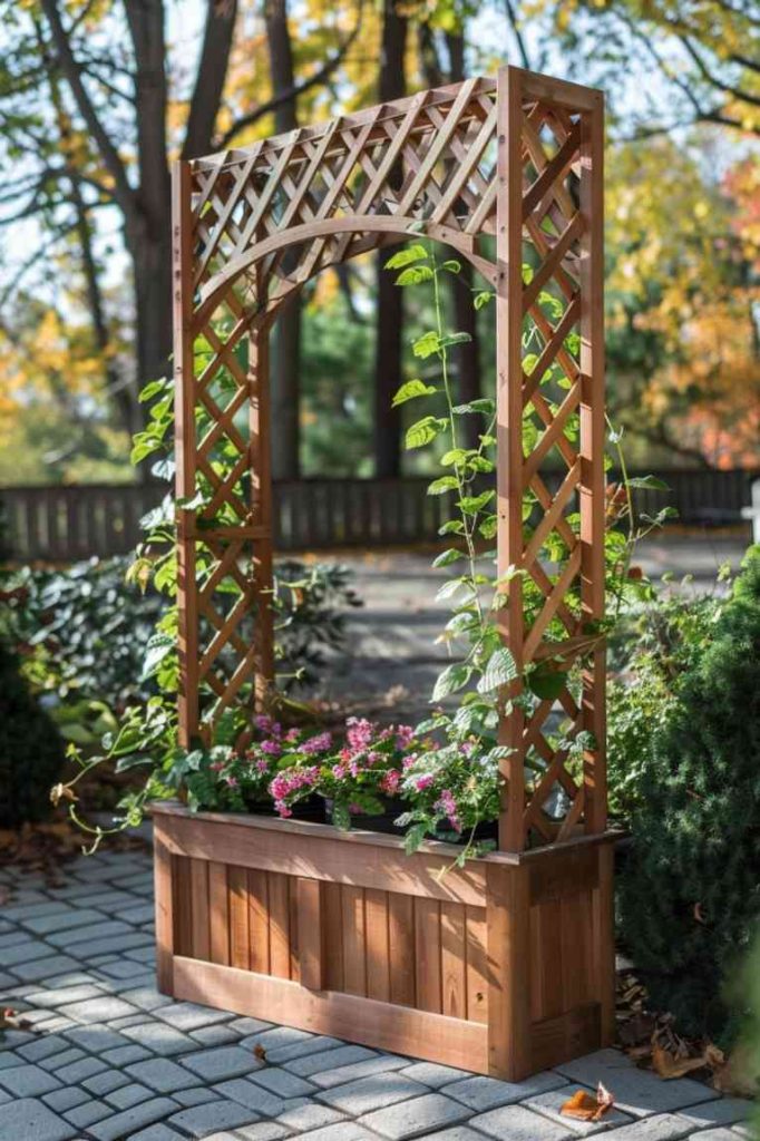 It consists of a sturdy wooden frame with a climbing trellis on the top and a spacious, rectangular planter at the base. Ideal for adding a vertical green touch to cozy corners.