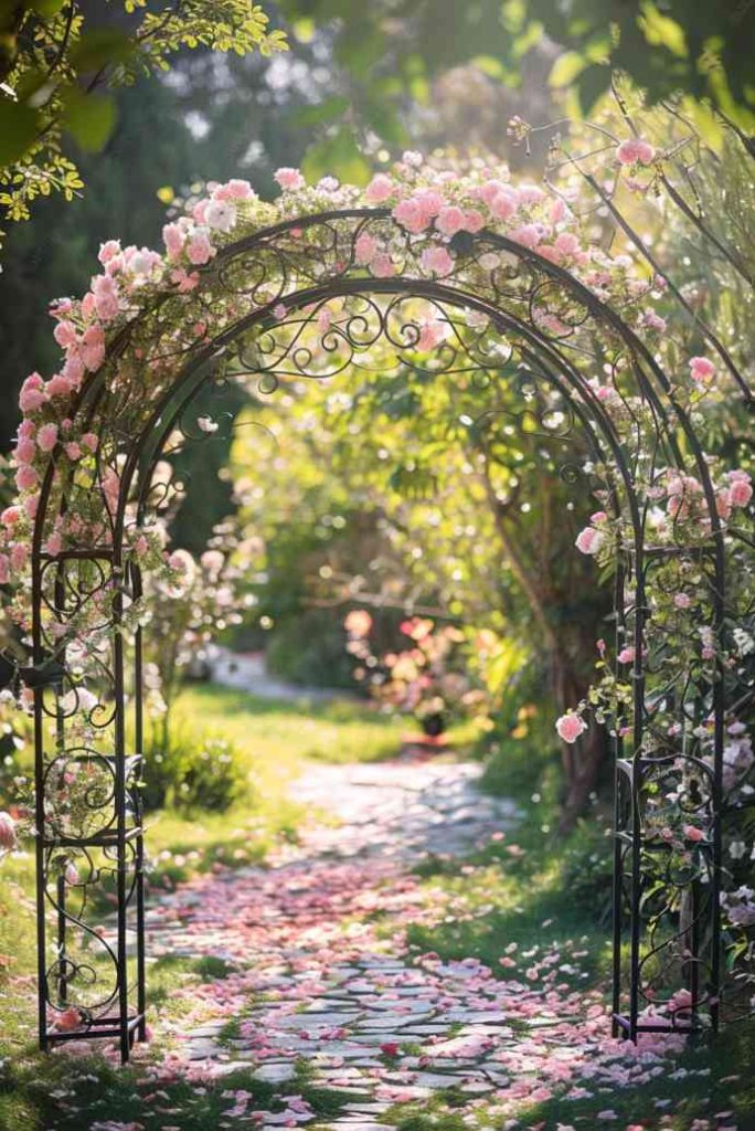 Decorated with intertwined flower branches, it promises a whimsical welcome and frames a path on which magical moments await beneath its gracefully arched silhouette.