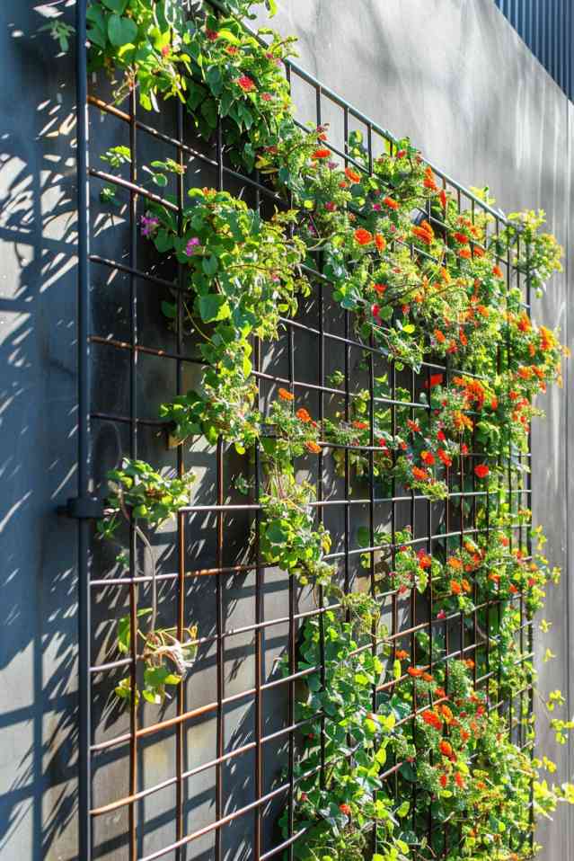 Use a wall-mounted trellis to transform a bare area into a green masterpiece. This sturdy, trellis-like structure is ready to support a vibrant selection of climbing plants and flowers. 