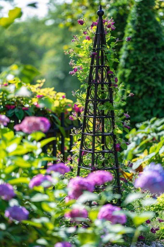 This elegant garden tower is an impressive appearance. It provides a vertical rise for intertwining vines that spiral upwards, adding a touch of majesty and vertical dimension to the landscape.