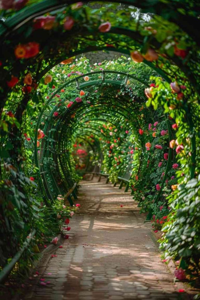 Wrapped in a cascade of climbing flowers, this immersive garden feature creates a romantic tunnel that <a href=