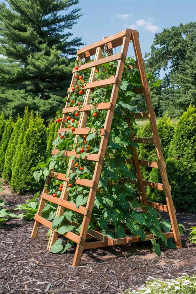 The symmetrically rising A-frame trellis features a sturdy, angular shape that is perfect for producing a bountiful harvest in your vegetable garden. 