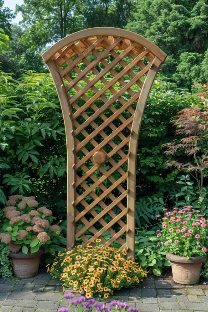 This ornate structure will become the centerpiece of your garden theater. Its latticework provides the perfect stage for flowering vines to display their colorful blooms in a dramatic, fan-like display.