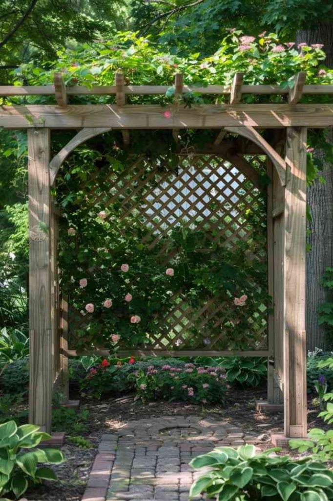 This garden structure provides a tranquil retreat, wrapped in a tapestry of shade-giving leaves and intertwined blooms, creating an idyllic place to relax and embrace nature.