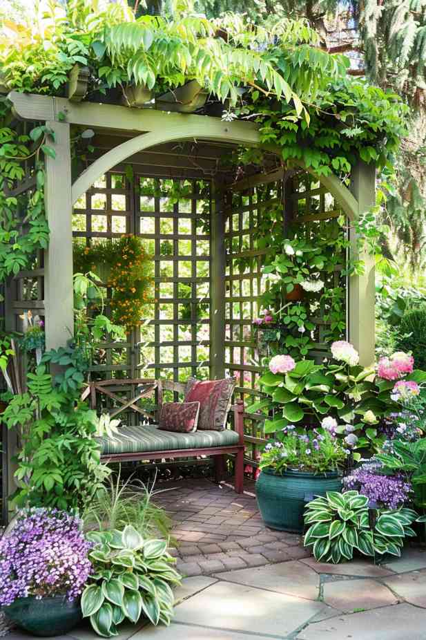 Create a secluded corner with the privacy screen, an independent structure that becomes a living wall when draped with greenery and flowers. 