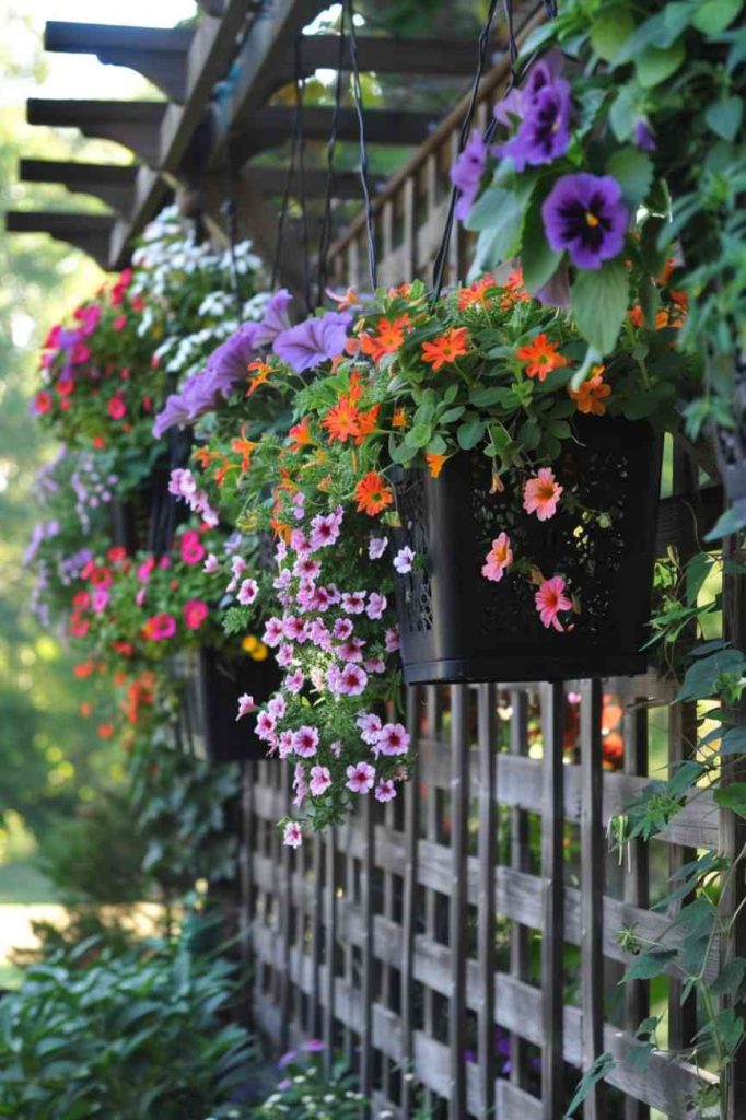 Adorn your trellis with adorable hanging pots to create a vertical display in which the pots dangle gracefully and cradle petunias and marigolds. 