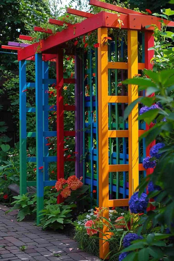 The colorfully painted trellis stands as a living lighthouse in the garden. Its vibrant hues create a striking contrast that highlights the <a href=