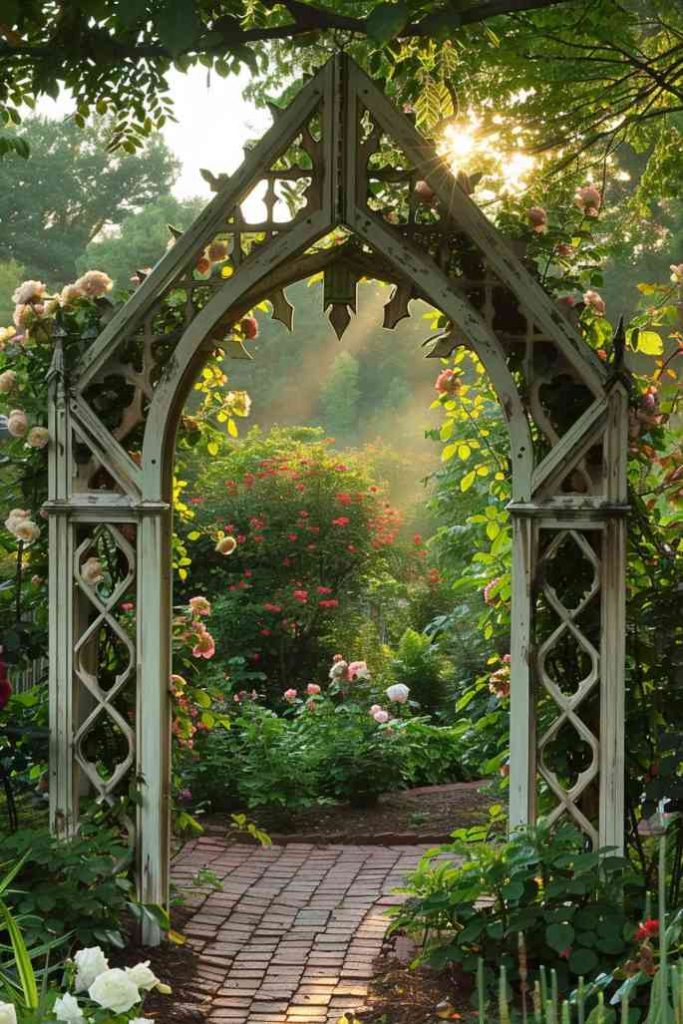 Enter a storybook with a magnificent Gothic arched trellis. Its pointed top and ornate framework provide majestic support for the twining stems of ancient roses and draped wisteria, evoking the elegance of medieval gardens.