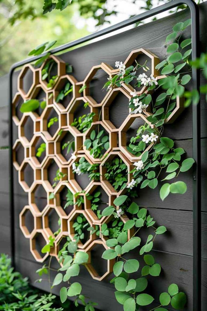 Experience the perfection of natural patterns with a honeycomb trellis. This striking geometric structure provides sturdy and stylish support to flowering vines, mimicking the complexity of a bee's meticulous work.