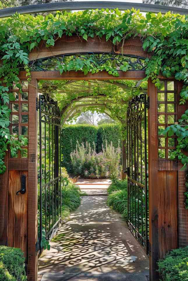 Step through your trellis's gated entrance, a majestic portal that leads you into a realm where climbing plants drape elegantly above you, creating an immersive experience of botanical splendor as you enter.