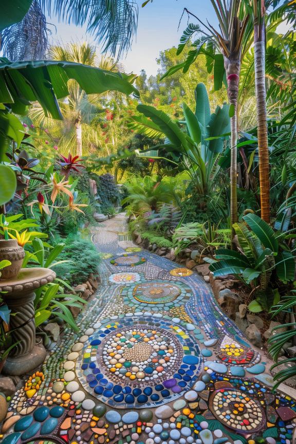 Carefully crafted mosaic paths lead you through the garden with a splash of color. Each step reveals a variety of patterns and guides you through your own piece of bohemian paradise.