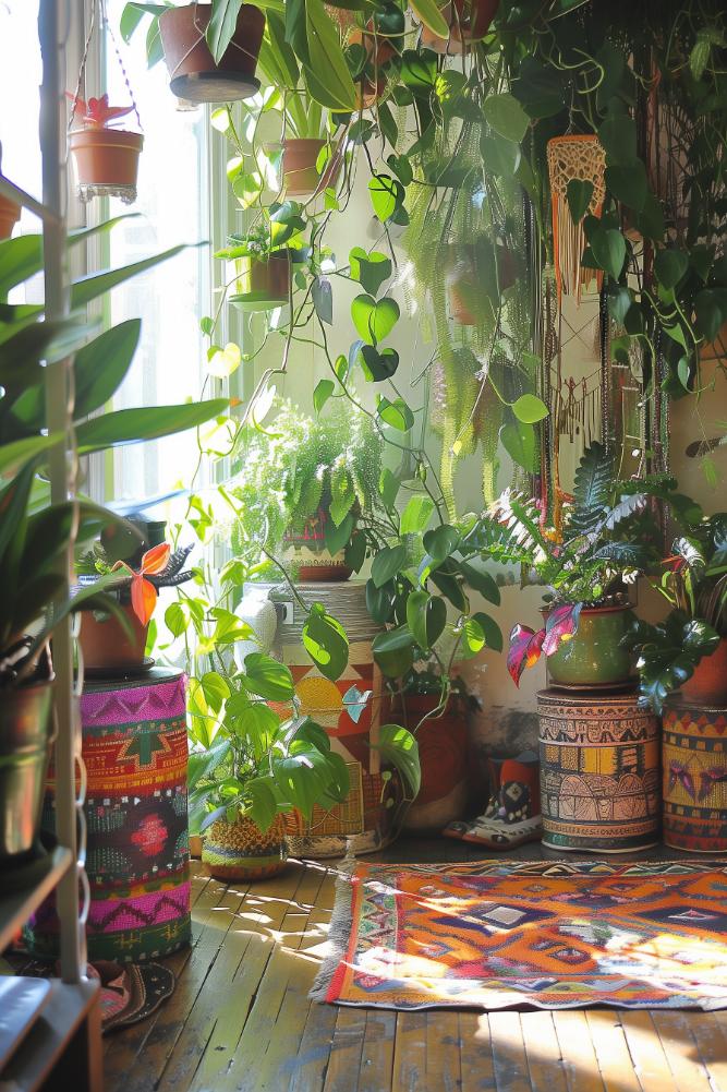 Eclecticly charming upcycled planters, from old boots to colorful tin cans, provide homes for a variety of green companions. They promise an eye-catching corner that exudes the creative spirit.