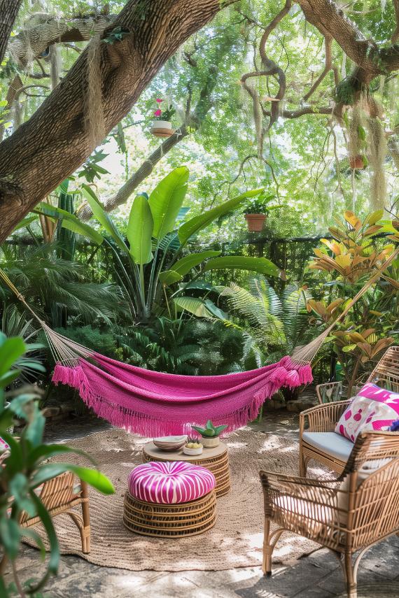 A bright pink hammock sits between two sturdy oak trees, inviting you to drift away under a canopy of leaves while nearby woven swing chairs gently rotate for friends to join you in your relaxing bohemian escape.