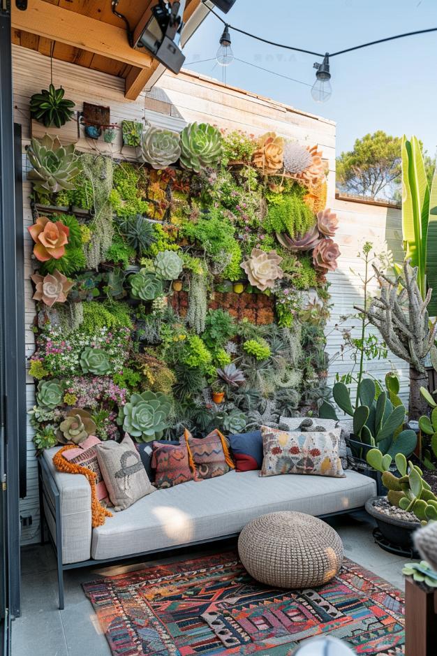 In this boho garden, a succulent piece of wall art stands out as a <a href=