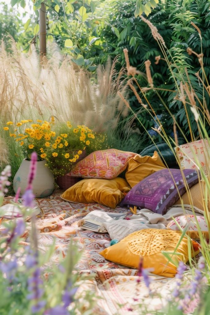 A secluded corner with soft, colorful cushions and surrounded by large grass creates a tranquil spot for meditation and rest in this charming boho garden.